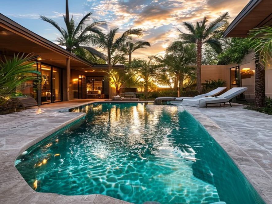 Beautiful finished backyard pool oasis at golden hour